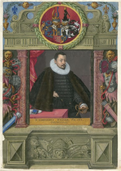 Members of the famous Augsburg Fugger family, Raimund Fugger (1489-1535) was the son of Georg Fugger and Regina Imhoff, authentic reproduction from Fuggerorum et Fuggerarum imagines, a collection of coloured engravings made in the late 16th and early 17th century by Dominicus Custos, historical