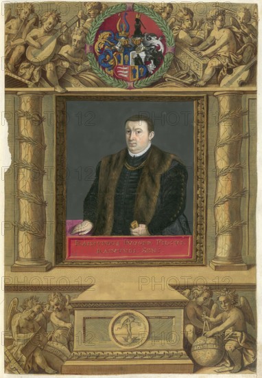 Members of the famous Augsburg-based Fugger family, Fabritius Fugger was a German merchant, banker and member of the famous Augsburg-based merchant family Fugger von der Lilie. He lived from 1507 to 1575, authentic reproduction from Fuggerorum et Fuggerarum imagines, a collection of colored copper engravings created in the late 16th and early 17th century and made by Dominicus Custos, historically