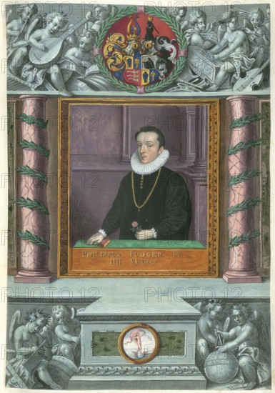Members of the famous Augsburg Fugger family, Philipp Fugger, (1567 - 1601), married to Barbara Fugger, son of Markus Fugger, authentic reproduction from Fuggerorum et Fuggerarum imagines, a collection of coloured engravings made in the late 16th and early 17th century by Dominicus Custos, historical