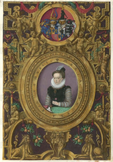 Maria Magdalena Fugger von Kirchberg und zu Weißenhorn (born 30 April 1566 in the Free Imperial City of Augsburg, died 29 May 1646 at Bibersburg Castle, Kingdom of Hungary) was a noblewoman from the House of Fugger and woman of Nicholas II. Pálffy, authentic reproduction from Fuggerorum et Fuggerarum imagines, a collection of coloured engravings produced in the late 16th and early 17th centuries by Dominicus Custos, historical