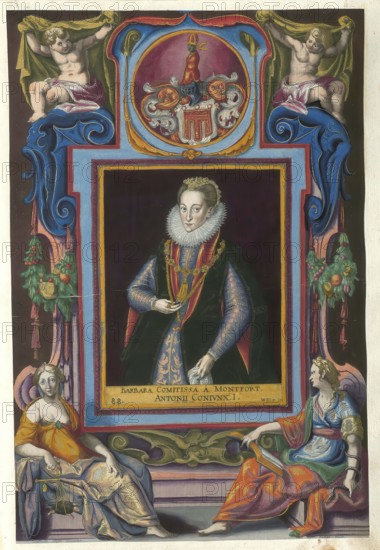 Members of the famous Augsburg-based Fugger family, Montfort, Barbara, born 1568, died September 26, 1599, woman of Anton Fugger, authentic reproduction from Fuggerorum et Fuggerarum imagines, a collection of colored copper engravings created in the late 16th and early 17th century and made by Dominicus Custos, historical