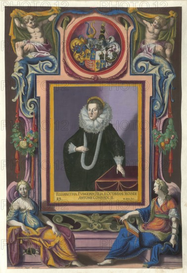 Members of the famous Augsburg Fugger family, Elisabeth Fugger, daughter of Octavianus Secundus Fugger von Kirchberg und Weissenhorn (born 17 January 1549, died 31 August 1600 in Augsburg), authentic reproduction from Fuggerorum et Fuggerarum imagines, a collection of coloured engravings made in the late 16th and early 17th century by Dominicus Custos, historical