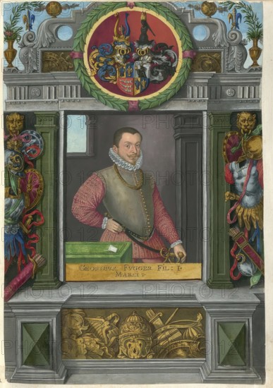 Members of the famous Augsburg Fugger family, Georg Fugger, (1560 - 1634), married to Helena von Madruzzo, son of Markus Fugger, authentic reproduction from Fuggerorum et Fuggerarum imagines, a collection of coloured engravings created in the late 16th and early 17th century and made by Dominicus Custos, historical
