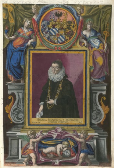 Members of the famous Augsburg Fugger family, Helena Fugger (ca. 1560- ?) née Madruzzo, Italian baroness, woman of Georg Fugger, authentic reproduction from Fuggerorum et Fuggerarum imagines, a collection of coloured engravings made in the late 16th and early 17th century by Dominicus Custos, historical
