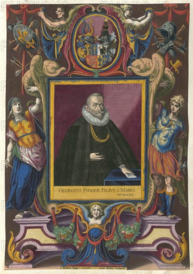 Members of the famous Augsburg Fugger family, Georg Fugger (1560 - 1634) was a German imperial count and merchant, authentic reproduction from Fuggerorum et Fuggerarum imagines, a collection of coloured copperplate engravings created in the late 16th and early 17th century by Dominicus Custos, historical