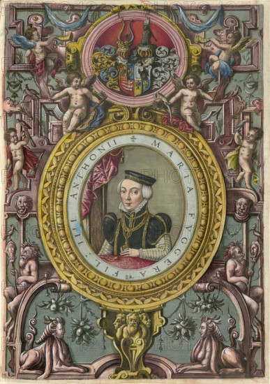 Members of the famous Augsburg Fugger family, Maria Magdalena Fugger von Kirchberg und zu Weißenhorn (born 30 April 1566, died 29 May 1646), authentic reproduction from Fuggerorum et Fuggerarum imagines, a collection of coloured engravings created in the late 16th and early 17th century by Dominicus Custos, historical