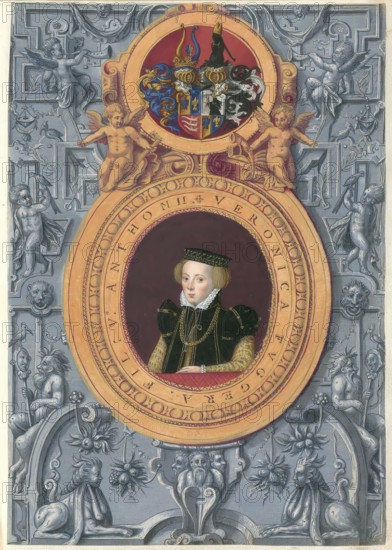 Members of the famous Augsburg Fugger family, Veronika Countess Fugger (1545 - 1590), daughter of Anton Fugger, authentic reproduction from Fuggerorum et Fuggerarum imagines, a collection of coloured engravings created in the late 16th and early 17th century by Dominicus Custos, historical