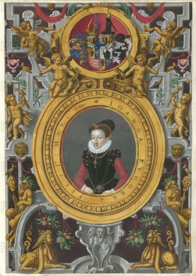 Members of the famous Augsburg Fugger family, Johanna Fugger (1558 - 1597), daughter of Marcus Fugger from the Fugger von der Lilie line and Sibylla von Artzt, authentic reproduction from Fuggerorum et Fuggerarum imagines, a collection of coloured engravings created in the late 16th and early 17th century and made by Dominicus Custos, historical