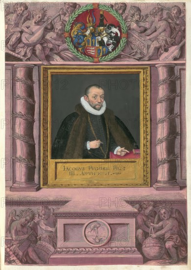 Members of the famous Augsburg Fugger family, Jakob III Fugger (30 March 1542 - 7 February 1598) was a German merchant and landowner, imperial count and lord of Babenhausen Castle in Upper Swabia, authentic reproduction from Fuggerorum et Fuggerarum imagines, a collection of coloured engravings created in the late 16th and early 17th century and made by Dominicus Custos, historical