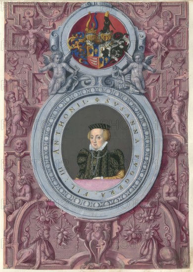 Members of the famous Augsburg Fugger family, Susanna (1539 - 1588), married to Balthasar Trautson Freiherr von Matrai, daughter of Anton Fugger von der Lilie, Susanna Fuggera, Susanna Fugger (1539 - 1584), authentic reproduction from Fuggerorum et Fuggerarum imagines, a collection of coloured engravings created in the late 16th and early 17th century and made by Dominicus Custos, historical