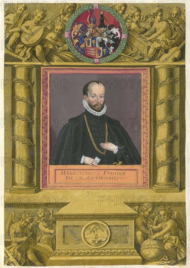 Members of the famous Augsburg Fugger family, Hieronymus Count Fugger zu Wellenburg und Rettenbach (1584 - 1633), married to Maria Countess Fugger, authentic reproduction from Fuggerorum et Fuggerarum imagines, a collection of coloured engravings produced in the late 16th and early 17th century by Dominicus Custos, historical