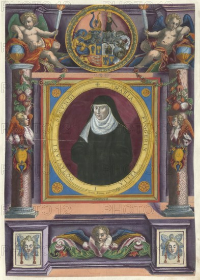 Members of the famous Fugger family in Augsburg, Maria Fugger, 1572 - 1622, daughter of Octavianus Secundus Fugger, authentic reproduction from Fuggerorum et Fuggerarum imagines, a collection of colored copper engravings created in the late 16th and early 17th century and made by Dominicus Custos, historical