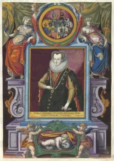 Members of the famous Augsburg Fugger family, Anna Catharina Fugger, Anna Katharina Fugger (1584 - 1635) Kirchberg Weißenhorn, daughter of Raymund Fugger, authentic reproduction from Fuggerorum et Fuggerarum imagines, a collection of coloured engravings made in the late 16th and early 17th century by Dominicus Custos, historical