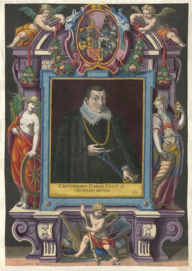 Members of the famous Fugger family in Augsburg, Christoperus Fugger, son of Octavianus Secundus Fugger von Kirchberg and Weissenhorn, authentic reproduction from Fuggerorum et Fuggerarum imagines, a collection of colored copper engravings created in the late 16th and early 17th century and made by Dominicus Custos, historical