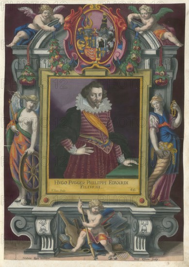 Members of the famous Fugger family in Augsburg, Hugo, Freiherr Fugger, Count of Kirchberg and Weissenhorn, Hugo zu Kirchberg and Weissenhorn, 1589 - 1627, authentic reproduction from Fuggerorum et Fuggerarum imagines, a collection of colored copper engravings created in the late 16th and early 17th century and made by Dominicus Custos, historical