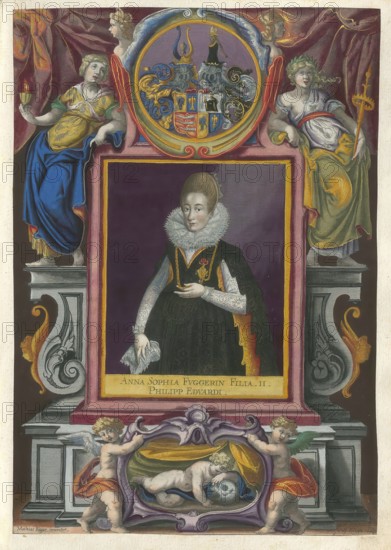 Members of the famous Augsburg Fugger family, Anna Sophia Fugger (1585-1643), authentic reproduction from Fuggerorum et Fuggerarum imagines, a collection of coloured engravings made in the late 16th and early 17th century by Dominicus Custos, historical