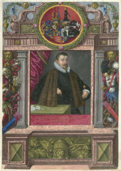 Members of the famous Augsburg Fugger family, Anton Fugger von der Lilie (born 10 June 1493 in Augsburg, died 14 September 1560 in Augsburg) was a German merchant, imperial count and banker, authentic reproduction from Fuggerorum et Fuggerarum imagines, a collection of coloured engravings created in the late 16th and early 17th century and made by Dominicus Custos, historical