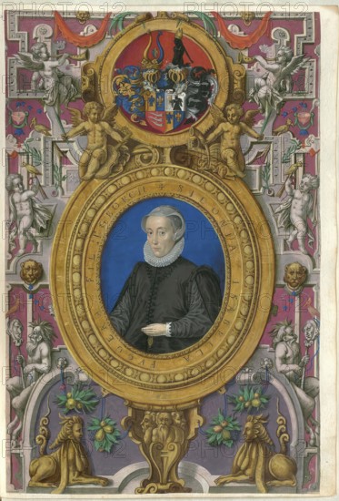 Members of the famous Augsburg Fugger family, Sidonia Isabella Villinger, 1543 - 1601, daughter of Georg Fugger (1518-), Count of Kirchberg and Weissenhorn, authentic reproduction from Fuggerorum et Fuggerarum imagines, a collection of coloured engravings created in the late 16th and early 17th century and made by Dominicus Custos, historical