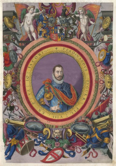 Members of the famous Augsburg Fugger family, Ferdinand, Baron Fugger (1552-1580), son of Johann Jakob, Baron Fugger (1516-1575), authentic reproduction from Fuggerorum et Fuggerarum imagines, a collection of coloured engravings created in the late 16th and early 17th century and made by Dominicus Custos, historical