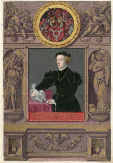 Members of the famous Augsburg-based Fugger family, Ursula Harrach, Ursula Fugger, born 1522, died September 18, 1554 in Augsburg, authentic reproduction from Fuggerorum et Fuggerarum imagines, a collection of colored copper engravings created in the late 16th and early 17th century and made by Dominicus Custos, historical