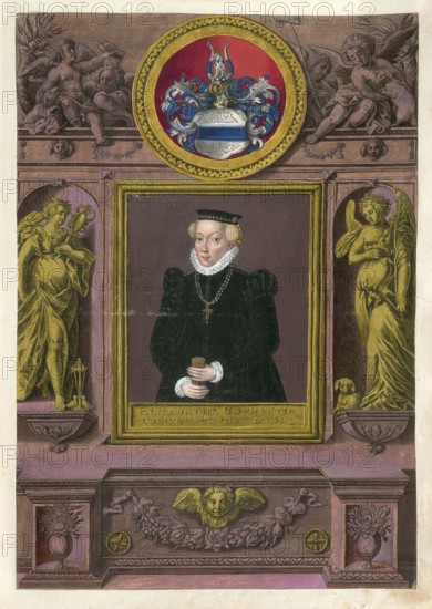 Members of the famous Augsburg Fugger family, Elisabeth Nothafft von Weissenstein (born 1560, died 1582), a daughter of the noble house of Nothafft von Weissenstein, woman of Hans Fugger (1531 - 1598), authentic reproduction from Fuggerorum et Fuggerarum imagines, a collection of coloured engravings created in the late 16th and early 17th century and made by Dominicus Custos, historical