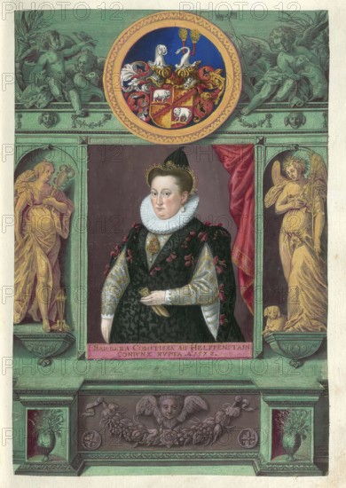 Members of the famous Augsburg Fugger family, Barbara Countess von Helfenstein (1534 - 1573), first woman of Anton Freiherr Fugger (1552-1616), authentic reproduction from Fuggerorum et Fuggerarum imagines, a collection of coloured engravings created in the late 16th and early 17th century by Dominicus Custos, historical