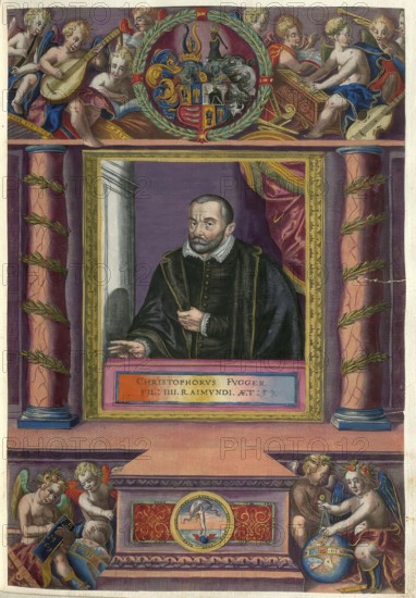 Members of the famous Augsburg Fugger family, Christoph Fugger (1520 - 1579), son of Raymund Fugger (1489 - 1535), authentic reproduction from Fuggerorum et Fuggerarum imagines, a collection of coloured engravings created in the late 16th and early 17th century and produced by Dominicus Custos, historical