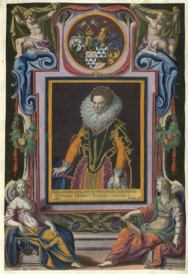 Members of the famous Augsburg Fugger family, Anna Fugger (born 1584, died 13 September 1616), née von Pappenheim, married in second marriage to Otto Heinrich Count Fugger von Kirchberg und zu Weißenhorn, authentic reproduction from Fuggerorum et Fuggerarum imagines, a collection of coloured engravings created in the late 16th and early 17th century and made by Dominicus Custos, historical