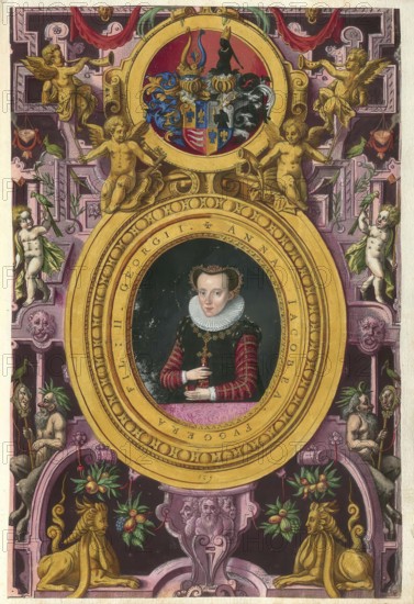 Members of the famous Augsburg Fugger family, Anna Jacobäa, Baroness Fugger (1547-1587), daughter of Georg Fugger (1518-1569), 1561-1582 nun in the Dominican convent of St. Katharina, first woman of Count Henry VII of Ortenburg (1556-1603, authentic reproduction from Fuggerorum et Fuggerarum imagines, a collection of coloured copperplate engravings created in the late 16th and early 17th century and made by Dominicus Custos, historical