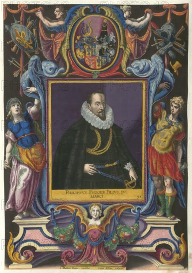Members of the famous Augsburg Fugger family, Philipp (1567 - 1601), married to Barbara Fugger, son of Markus Fugger, authentic reproduction from Fuggerorum et Fuggerarum imagines, a collection of coloured engravings produced in the late 16th and early 17th century by Dominicus Custos, historical