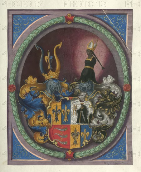 Members of the famous Fugger family in Augsburg, coat of arms of the Fugger family. The Fuggers were an important Swabian merchant and noble family that achieved enormous wealth and influence in the 15th and 16th century through international trade and banking transactions, Germany, authentic reproduction from Fuggerorum et Fuggerarum imagines, a collection of colored copper engravings created in the late 16th and early 17th century and made by Dominicus Custos, historical