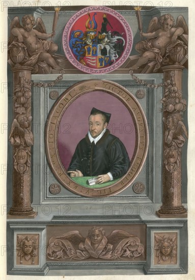 A portrait of a member of the famous Augsburg Fugger family, Viktor August Fugger (1547 - 1586), a member of the famous Augsburg merchant family Fugger. He was a canon in Passau, authentic reproduction from Fuggerorum et Fuggerarum imagines, a collection of coloured engravings created in the late 16th and early 17th century and made by Dominicus Custos, historical