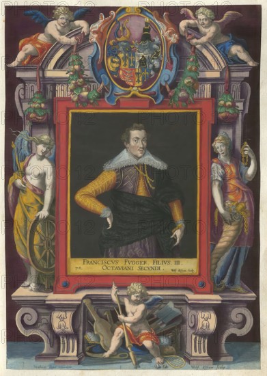 Members of the famous Fugger family in Augsburg, Franz Fugger von Kirchberg and Weissenhorn died at the age of 23, buried in Augsburg. He was the third son of Octavian Secundus, Freiherr Fugger, Herr zu Kirchberg 1549-1600., authentic reproduction from Fuggerorum et Fuggerarum imagines, a collection of colored copper engravings created in the late 16th and early 17th century and made by Dominicus Custos, historical