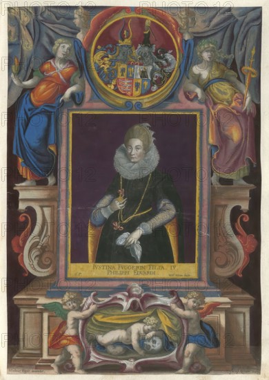 Members of the famous Augsburg Fugger family, Justina Fugger (1588 - 1660), daughter of Philipp Eduard Fugger, authentic reproduction from Fuggerorum et Fuggerarum imagines, a collection of coloured copperplate engravings created in the late 16th and early 17th century by Dominicus Custos, historical