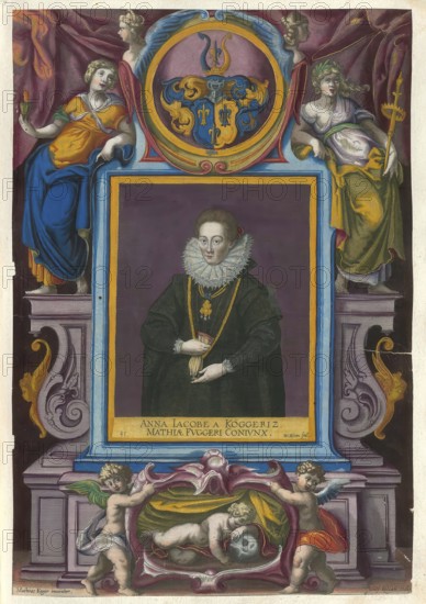 Members of the famous Augsburg Fugger family, Anna Jakobäa von Köckritz, woman of Matthias Fugger (1572 - 1603), authentic reproduction from Fuggerorum et Fuggerarum imagines, a collection of coloured copperplate engravings produced in the late 16th and early 17th century by Dominicus Custos, historical