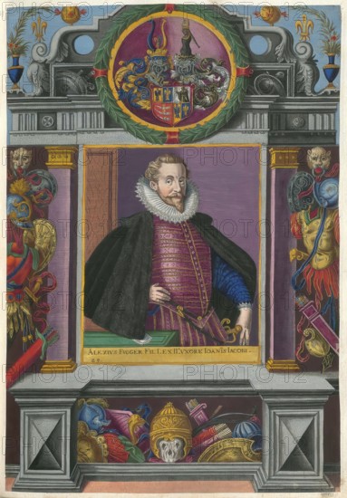 Members of the famous Augsburg Fugger family, Alexius, Baron Fugger (1562 - 1623), Lord of Adelshofen, son of Johann Jakob Fugger, married to Maria von Gumppenberg (1570 - 1613), authentic reproduction from Fuggerorum et Fuggerarum imagines, a collection of coloured engravings created in the late 16th and early 17th century and made by Dominicus Custos, historical