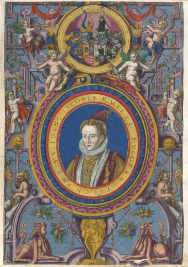 Members of the famous Augsburg Fugger family, Aemilia Fugger, (1564 - 1611), daughter of Johann Jakob Fugger, woman of Baron Alexander von und zu Sprinzenstein, authentic reproduction from Fuggerorum et Fuggerarum imagines, a collection of coloured engravings created in the late 16th and early 17th century and made by Dominicus Custos, historical