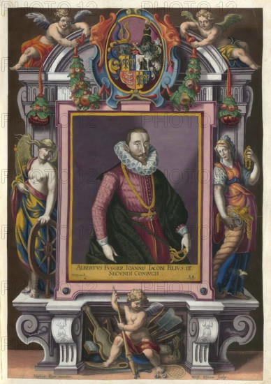Members of the famous Augsburg Fugger family, Albrecht, Albert, Fugger, (1565 - 1624), son of Johann Jakob Fugger, married to Katharina von Gumppenberg (1581 - 1661), authentic reproduction from Fuggerorum et Fuggerarum imagines, a collection of coloured engravings created in the late 16th and early 17th century and made by Dominicus Custos, historical