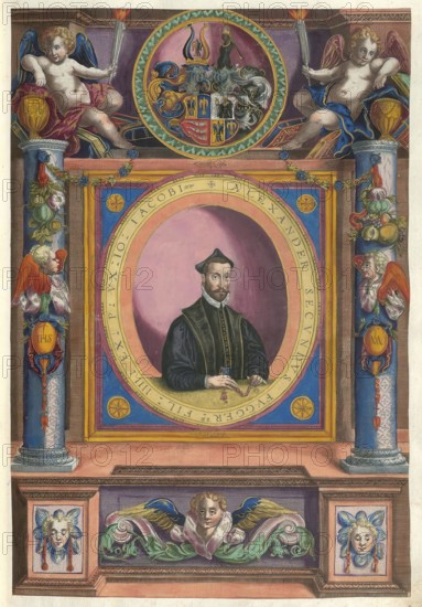 Members of the famous Augsburg Fugger family, Alexander Secundus (1546 - 1612), son of Johann Jakob Fugger, cathedral provost in Freising, authentic reproduction from Fuggerorum et Fuggerarum imagines, a collection of coloured engravings produced in the late 16th and early 17th century by Dominicus Custos, historical