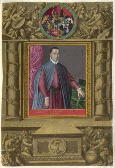 Members of the famous Augsburg Fugger family, Jakob Fugger the Rich (1459 to 1525), authentic reproduction from Fuggerorum et Fuggerarum imagines, a collection of coloured engravings made in the late 16th and early 17th centuries by Dominicus Custos, historical