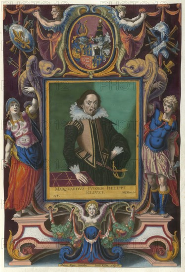 Members of the famous Augsburg Fugger family, Marquard Fugger, Lord of Nordendorf (04.11.1595 - 24.08.1655), Lord of Biberbach, Imperial Councillor and Chamberlain, Lord Chamberlain of the Empress, son of Philipp Fugger, authentic reproduction from Fuggerorum et Fuggerarum imagines, a collection of coloured engravings created in the late 16th and early 17th century and made by Dominicus Custos, historical