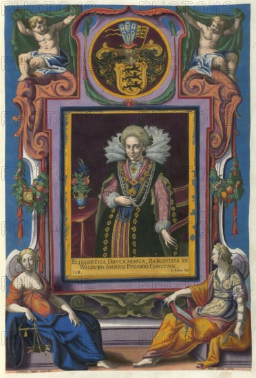 Members of the famous Augsburg Fugger family, Elisabetha Drucksessia, Maria Elisabeth Fugger (born around 1600, died 1660), German countess and baroness who was married to the general Otto Heinrich Fugger, authentic reproduction from Fuggerorum et Fuggerarum imagines, a collection of coloured copperplate engravings created in the late 16th and early 17th century and made by Dominicus Custos, historical