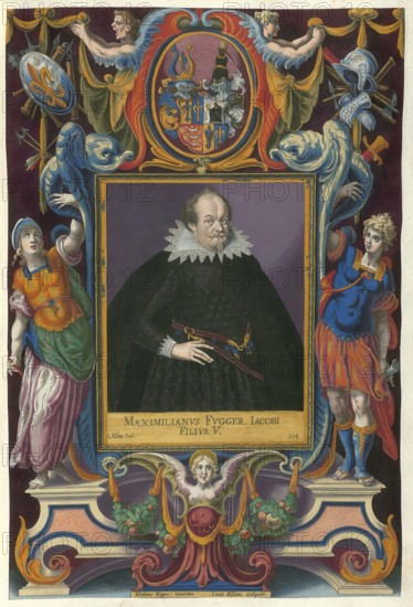 Members of the famous Augsburg Fugger family, Maximilian Count Fugger, Lord of Boos (1587 - 1629), son of Jacob III Fugger, authentic reproduction from Fuggerorum et Fuggerarum imagines, a collection of coloured engravings made in the late 16th and early 17th century by Dominicus Custos, historical