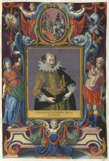 Members of the famous Augsburg Fugger family, Hieronymus Fugger von Wellenburg (1584 - 1633), son of Jacob III Fugger, authentic reproduction from Fuggerorum et Fuggerarum imagines, a collection of coloured engravings created in the late 16th and early 17th century and made by Dominicus Custos, historical