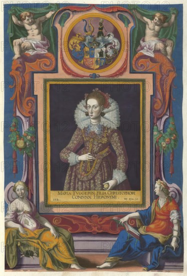Members of the famous Augsburg Fugger family, Maria Fugger, born 17 July 1594, died 22 March 1635, daughter of Christoph Fugger (1566 - 1615), Baron of Kirchberg and Weißenhorn, and his woman Maria von Schwarzenberg (1572 - 1622), authentic reproduction from Fuggerorum et Fuggerarum imagines, a collection of coloured engravings created in the late 16th and early 17th century and made by Dominicus Custos, historical