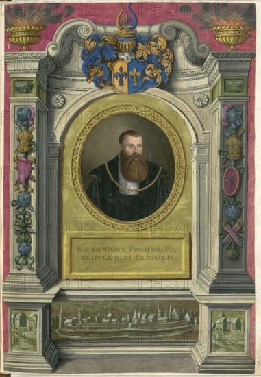 Members of the famous Augsburg Fugger family, Hieronymus Fugger (1499 - 1538), the son of Ulrich Fugger the Elder (1441 - 1510), authentic reproduction from Fuggerorum et Fuggerarum imagines, a collection of coloured engravings produced in the late 16th and early 17th century by Dominicus Custos, historical