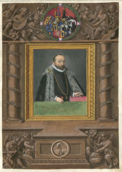 Members of the famous Augsburg Fugger family, In the history of the Fugger family, Johannes Fugger usually refers to Hans Fugger (1531 - 1598), who was an important son of Anton Fugger, authentic reproduction from Fuggerorum et Fuggerarum imagines, a collection of coloured engravings produced in the late 16th and early 17th century by Dominicus Custos, historical