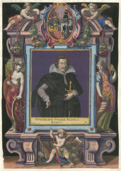 Members of the famous Augsburg Fugger family, Guilielmus Fugger, Wilhelm Fugger, 1585 to 1659, a son of Severin Freiherr von Fugger (1551 - 1601), authentic reproduction from Fuggerorum et Fuggerarum imagines, a collection of coloured engravings created in the late 16th and early 17th century and produced by Dominicus Custos, historical
