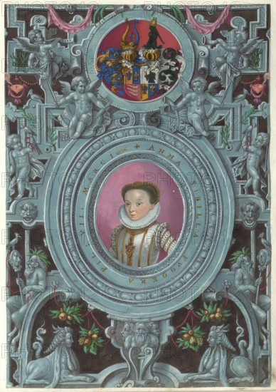 Members of the famous Augsburg Fugger family, Anna Sibylla Fugger von Kirchberg (1569 - 1634), daughter of Marx (Markus) Fugger von Kirchberg, authentic reproduction from Fuggerorum et Fuggerarum imagines, a collection of coloured engravings created in the late 16th and early 17th century and made by Dominicus Custos, historical