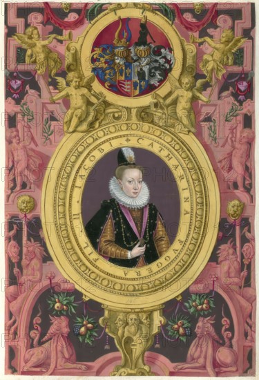 Members of the famous Fugger family in Augsburg, Katharina Fugger, Freiin Fugger, 1575-1607, daughter of Jacob III Fugger, authentic reproduction from Fuggerorum et Fuggerarum imagines, a collection of colored copper engravings created in the late 16th and early 17th century and made by Dominicus Custos, historical